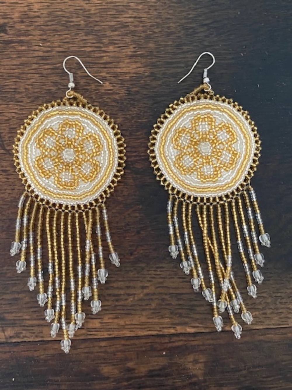 Rayo Golden Sun Ray Beaded Leather Handmade Earrings